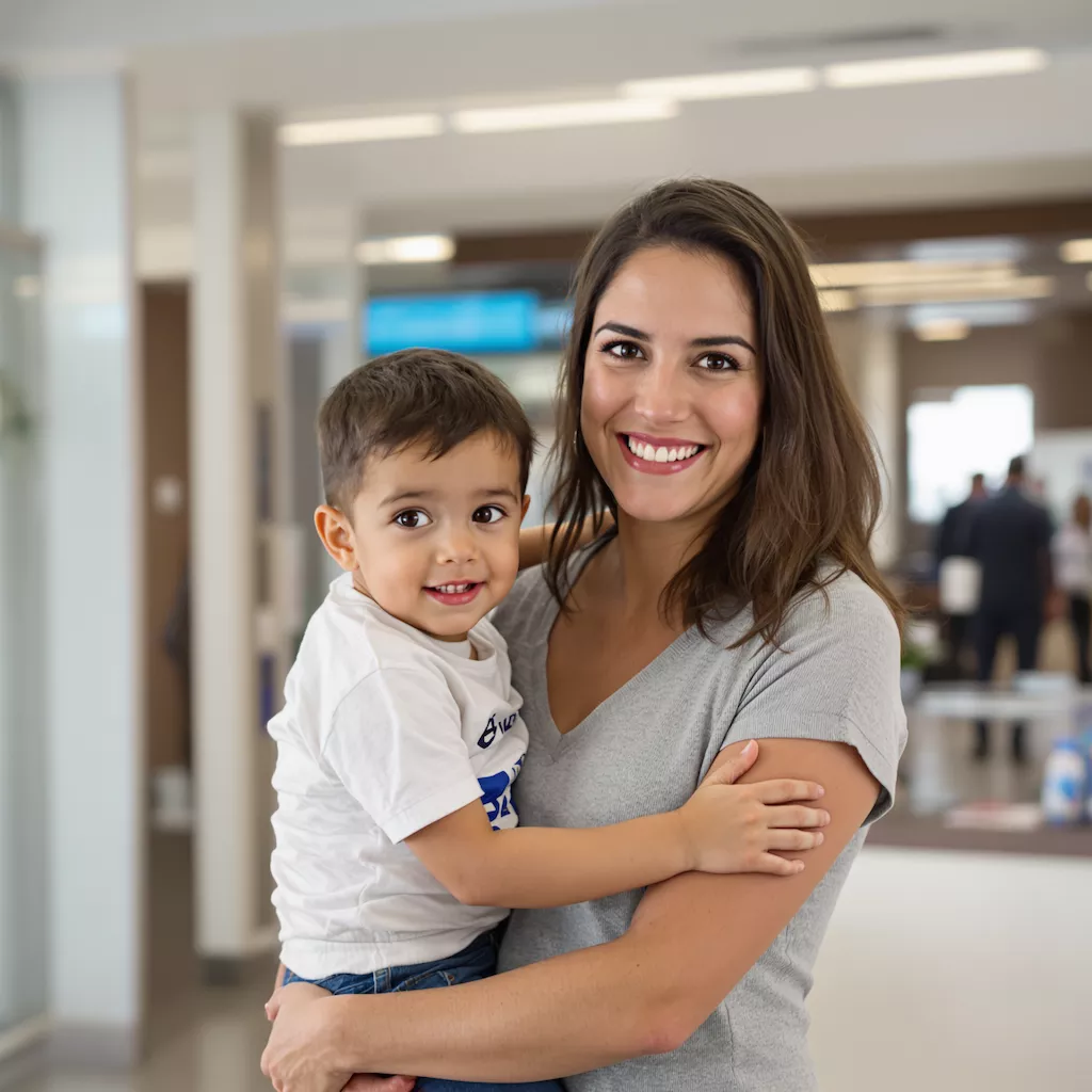 Mãe aliviada com criança sorridente